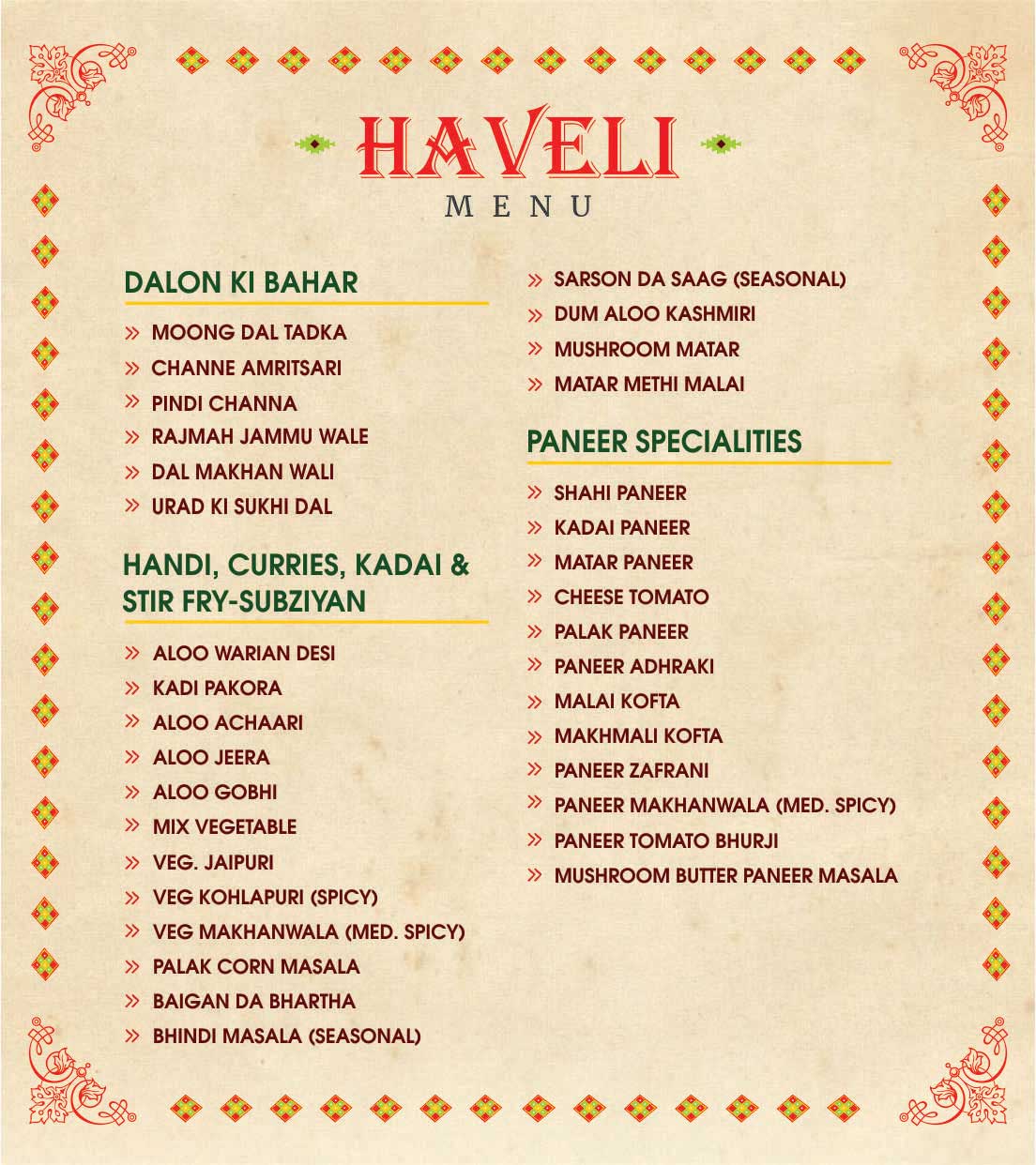 Haveli Murthal menu card